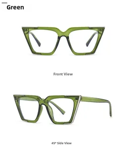 Front and 45-degree side view of green cat-eye glasses frames with silver metal trim