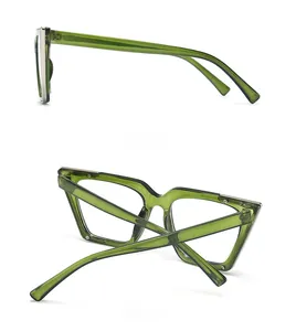 Detailed side and back views of trendy dark green cat-eye glasses with metal hinges