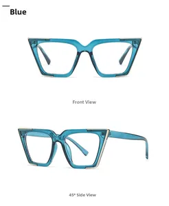 Front and side view of cat eye glasses frames with blue finish and gold metal accents