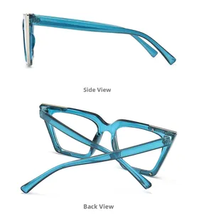 Detail view of transparent blue cat-eye glasses frame with silver metal accents