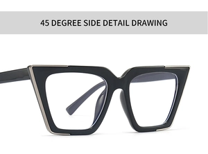 Side view detail of cat-eye glasses frame with silver metal trim and polished finish