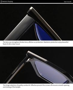 Detail view of thickened anti-blue light lenses and durable metal hinges on cat-eye frames