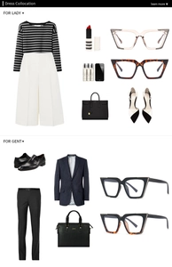 Flat lay of trendy cat-eye glasses styled with elegant men and women fashion outfits
