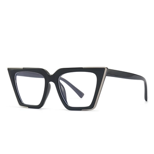 Classic black cat-eye glasses with silver metal accents and clear anti-blue light lenses