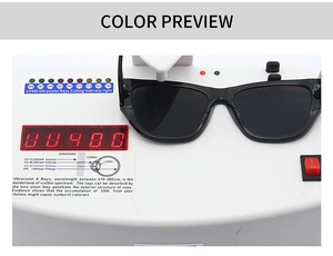 Detail showing UV400 protection test for retro cat-eye sunglasses with black frame