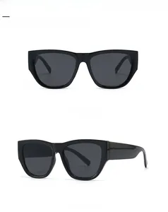Detailed front and side views of chunky black cat eye sunglasses with dark grey lenses