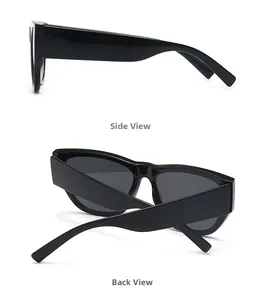 Detailed side and back views of modern black cat-eye sunglasses with thick resin frames