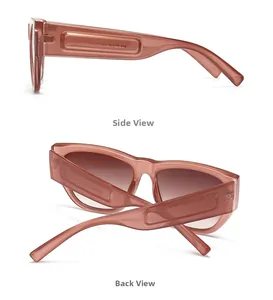 Side and back view of retro cat eye sunglasses with translucent frames and gradient lenses