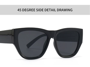 Macro 45-degree side view of black chunky cat-eye sunglasses with glossy finish