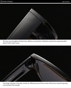 Close-up of black cat-eye sunglasses featuring premium metal hinges and CE certification