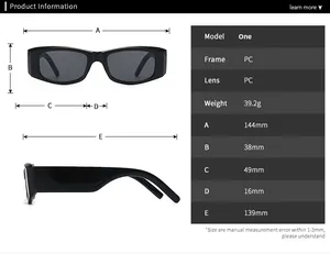 Detailed size chart for retro narrow sunglasses with frame dimensions and specifications
