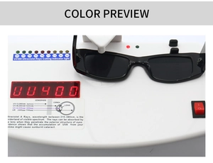 UV400 protection test for square black frame sunglasses showing professional LED reading