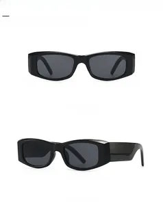 Front and 45-degree side views of modern black narrow rectangular sunglasses for women