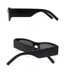 Detailed side and back views of trendy narrow black sunglasses with thick plastic frames