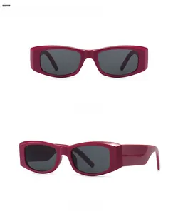 Dual view of retro rectangle sunglasses in violet with dark grey lenses on white background