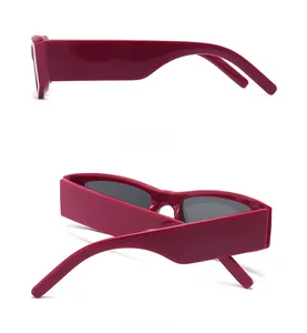 Detailed side and back view of burgundy rectangle sunglasses with dark grey lenses