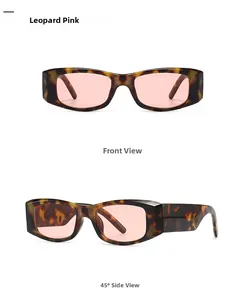 Detail view of retro leopard print frame sunglasses with light pink lenses from two angles