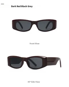 Front and 45-degree side view of dark red retro narrow sunglasses with black grey lenses