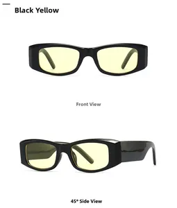 Front and 45-degree side view of retro narrow rectangle sunglasses with yellow lenses