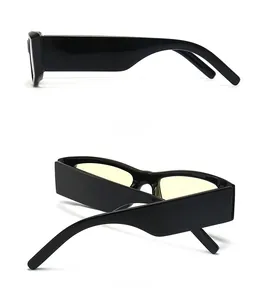Side and back view of retro narrow rectangle sunglasses with black frame and yellow lenses