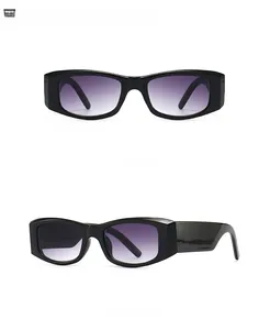 Front and 45-degree angle view of vintage rectangle black sunglasses with purple gradient lenses