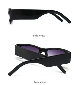 Side and back view of retro black rectangle sunglasses with purple gradient lenses