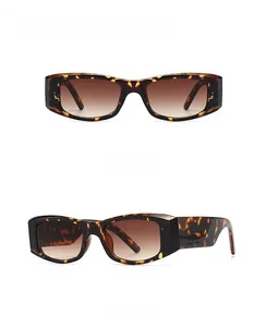 Front and side views of leopard tortoiseshell rectangular sunglasses with brown lenses