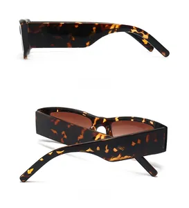 Side and back view of retro narrow rectangle sunglasses with tortoiseshell frame finish