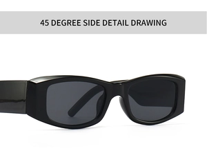 45-degree side view of retro rectangular sunglasses with thick black frames and dark lenses