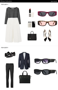 Flat lay showing retro sunglasses styled with business and fashion outfits for men and women