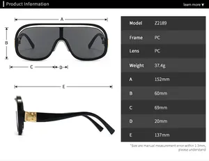 Größentabelle für Shield-Sonnenbrille Z2189 mit Abmessungen und Rahmendetails