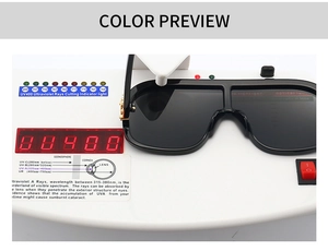 Nahaufnahme vom UV400-Prüfgerät zeigt den hohen UV-Schutz der schwarzen Sonnenbrille