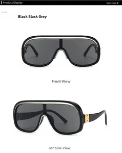 Flat-Top-Visier-Sonnenbrille mit schwarzem Rahmen, Silbersteg und goldenen Scharnieren