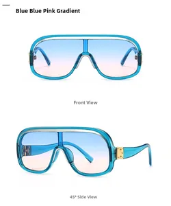 Front- und Seitenansicht der übergroßen blauen Sonnenbrille mit blau-rosa Verlaufsgläsern