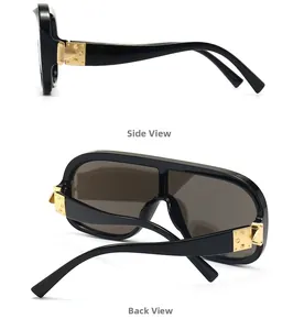 Detailsicht der flachen Sonnenbrille mit schwarzem Rahmen und goldenen Metallscharnieren