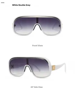 Detailansicht der weißen Oversized-Sonnenbrille mit grauen Verlaufsgläsern und Goldnieten