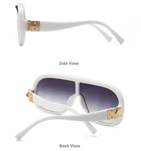 Seiten- und Rückansicht der weißen Oversized-Sonnenbrille mit lila Verlaufsgläsern und Nieten