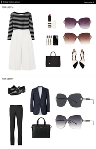 Flat lay mode-set met oversized retro zonnebrillen en professionele zakelijke outfits