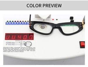Detailansicht der schwarzen Cat-Eye-Brille beim professionellen UV400-Schutzfunktionstest