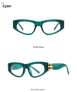 Front- und Seitenansicht der cyanblauen Cat-Eye-Brille mit goldenen Metalldetails
