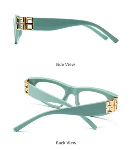 Seiten- und Rückansicht der minzgrünen Brille mit goldener Metallverzierung am Bügel