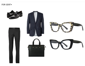 Flat lay με ρετρό γυαλιά προστασίας μπλε φωτός cat-eye και επιχειρηματικό κοστούμι
