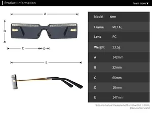 Detailed size chart for rimless rhinestone sunglasses showing metal frame dimensions