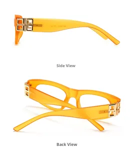 Detailansicht der orangefarbenen Cateye-Brille mit goldenen geometrischen Metallscharnieren