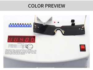 Detailed UV400 test showing grey rimless rectangle sunglasses blocking UV rays