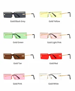 Detail view of eight colors of rimless rectangle sunglasses with rhinestone accents