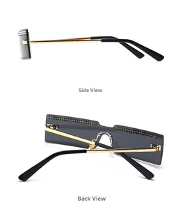 Detail of trendy rimless sunglasses with rhinestone trim and gold metal temples