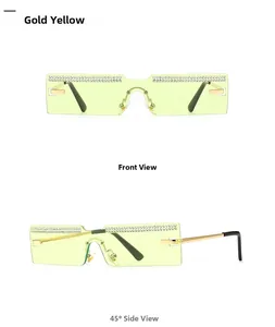 Frameless rectangle sunglasses with light yellow lenses and sparkling rhinestones