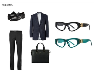 Flatlay von Business-Outfit mit Nadelstreifen-Blazer, Ledertasche und dicker Brille