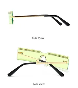 Detailed side and back view of rimless rectangular sunglasses with crystal trim